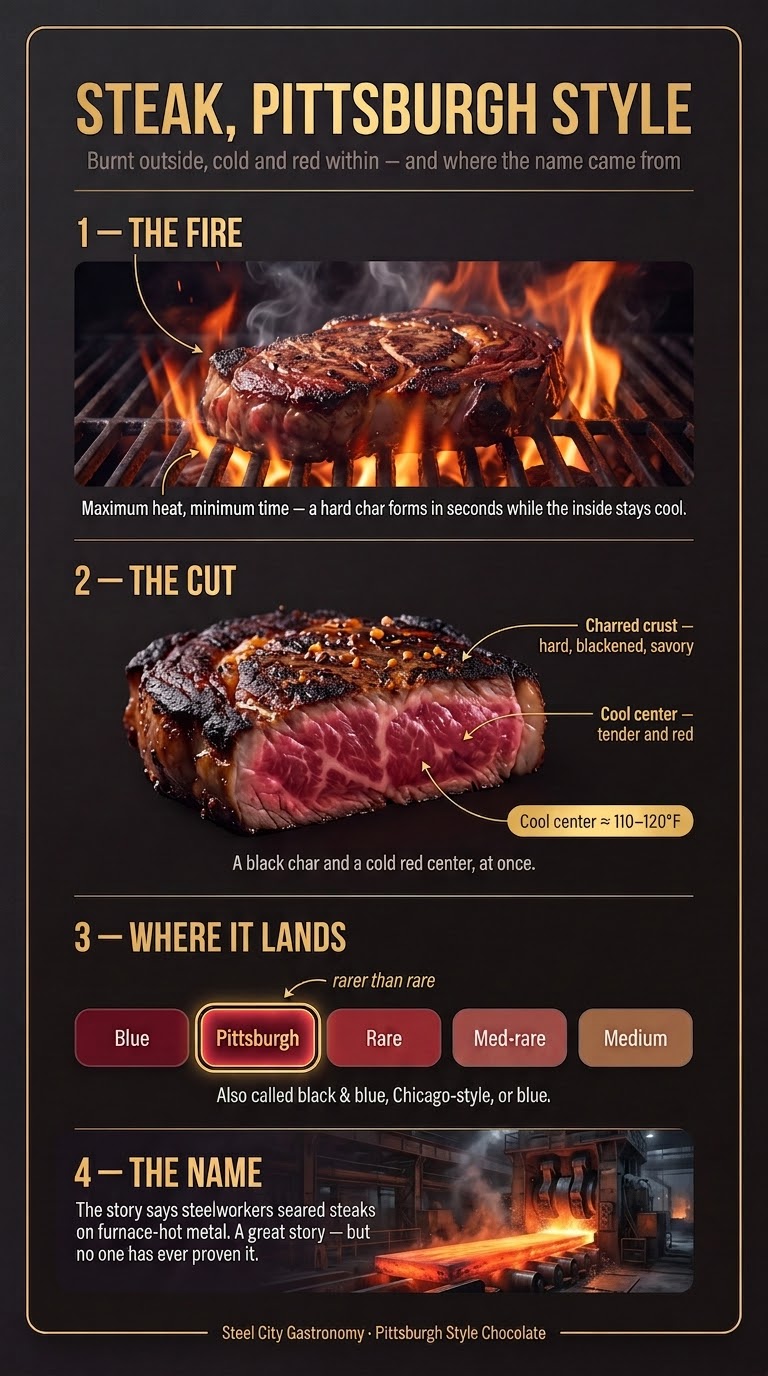 Steak, Pittsburgh style — an infographic in four parts: the fire (maximum heat, minimum time, a hard char forms in seconds while the inside stays cool), the cut (a black charred crust around a cool, nearly-raw red center, about 110 to 120°F), where it lands (the rarest end of the doneness scale, rarer than rare, also called black and blue), and the name (the unproven legend that steelworkers seared steaks on furnace-hot metal). Steel City Gastronomy, Pittsburgh Style Chocolate.