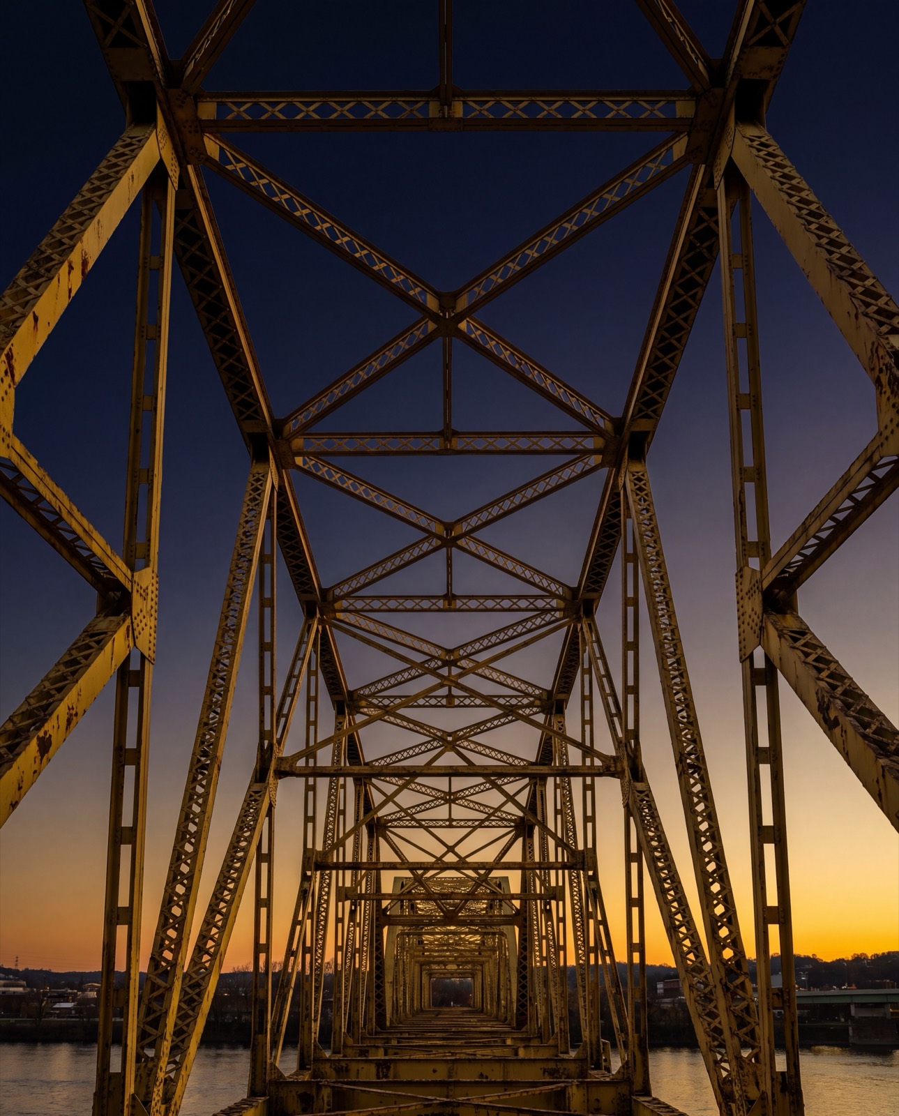 Pittsburgh steel bridge — structural span at dawn